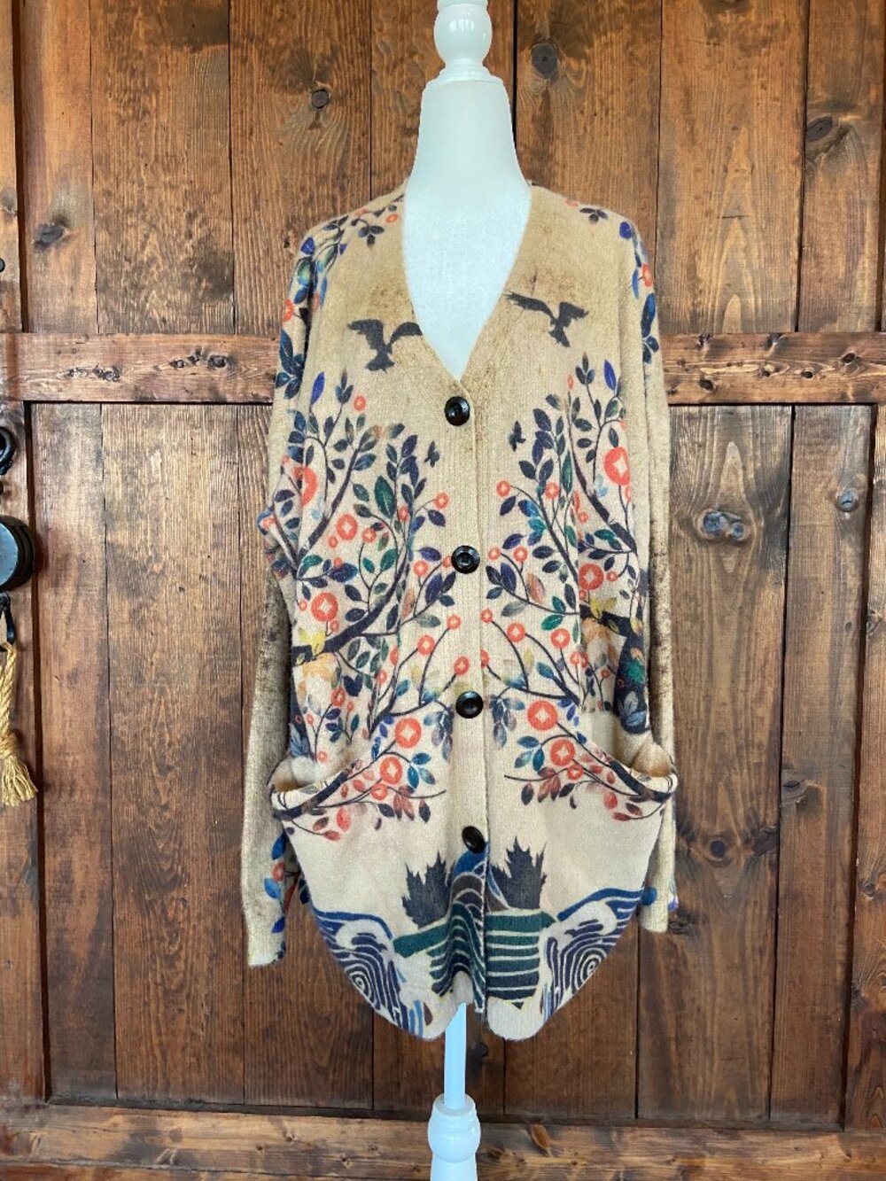 Art To Wear Flowering Tree Birds Wool Cardigan Button front womens SZ 3XL